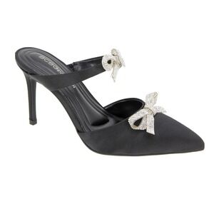 BCBGeneration Black Satin Rhinestone Bow Pointed Toe Mule Heels Women Size 5 NEW